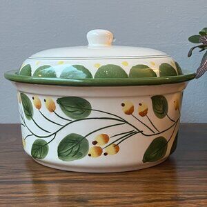 Migo Superstone Handpainted Covered Casserole Dish Green Leaf Yellow Berry Italy